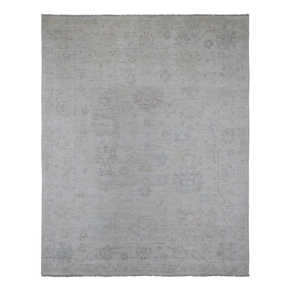 7'10"x9'8" Gray Hand Knotted Afghan Angora Oushak Leaf Design Wool Rug: 7'10"x9'8" Gray Hand Knotted Afghan Angora Oushak Leaf Design Wool Rug The 7'10"x9'8" Gray Hand Knotted Afghan Angora Oushak Leaf Design Wool Rug boasts a stunning rectangular field with a rich, grey 