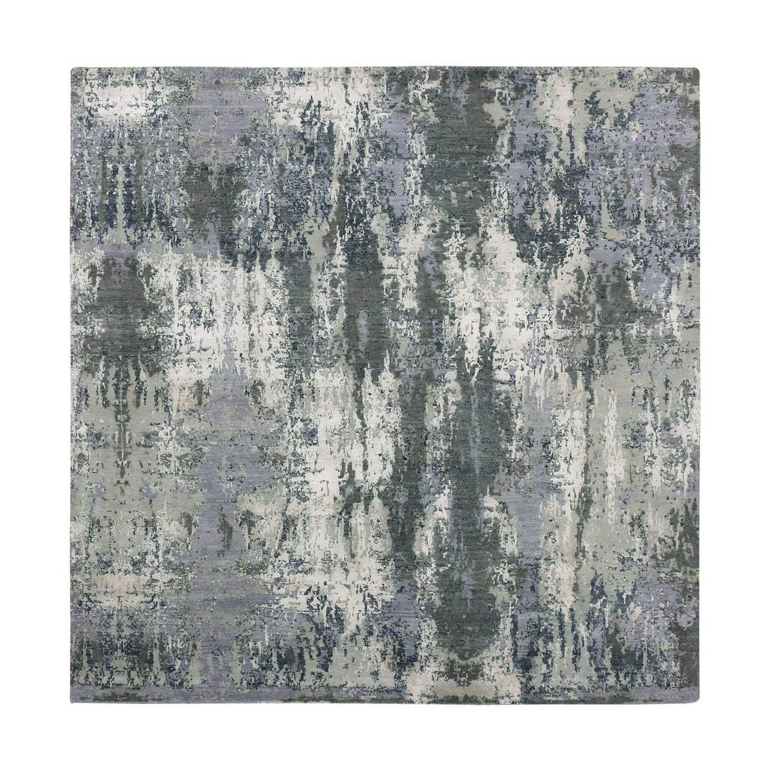 8'2"x8'2" Gray Wool and Silk Denser Weave Hand Knotted Square Rug: 8'2"x8'2" Gray Wool and Silk Denser Weave Hand Knotted Square Rug The 8'2"x8'2" Gray Wool and Silk Denser Weave Hand Knotted Square Rug boasts a stunning denser weave, characteristic of high-quality h