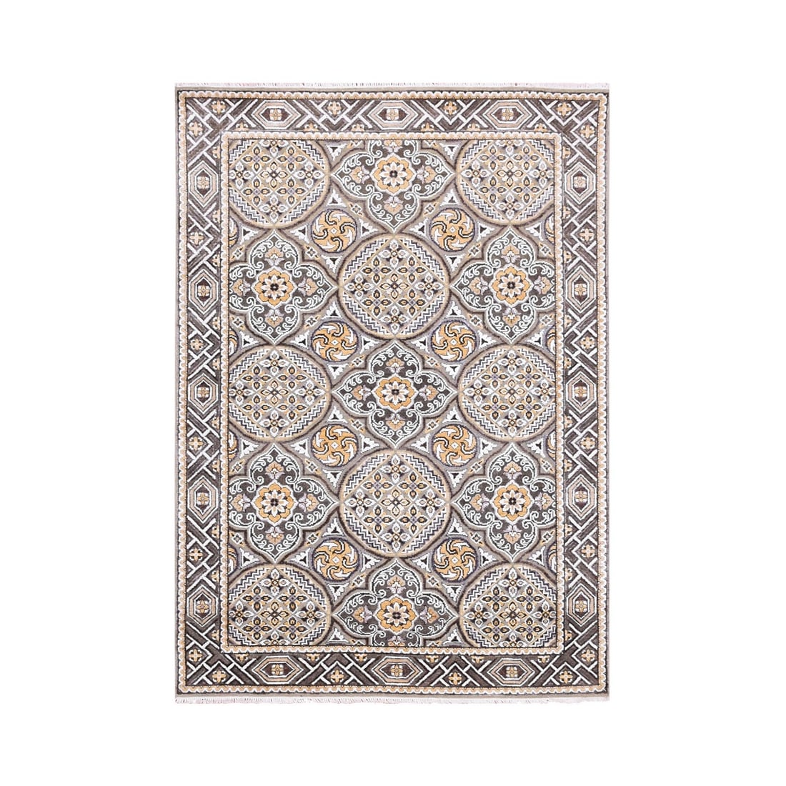 4'x6'2" Taupe-Brown Textured Wool Silk Mughal Inspired Hand-Knotted Rug: 4'x6'2" Taupe-Brown Textured Wool Silk Mughal Inspired Hand-Knotted Rug The 4'x6'2" Taupe-Brown Textured Wool Silk Mughal Inspired Hand-Knotted Rug boasts a rich, brown color with intricate texture, e