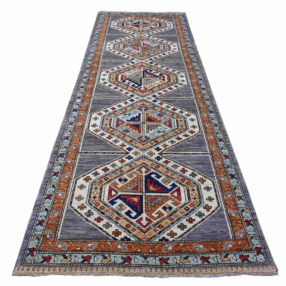 4'1"x11'9" Gray Wide Runner Afghan Village Design Wool Hand Knotted Rug: 4'1"x11'9" Gray Wide Runner Afghan Village Design Wool Hand Knotted Rug Gray Afghan Village Design Wool Hand Knotted Runner Rug, measuring 4'1" x 11'9", boasts a striking Oriental design in a rich gre