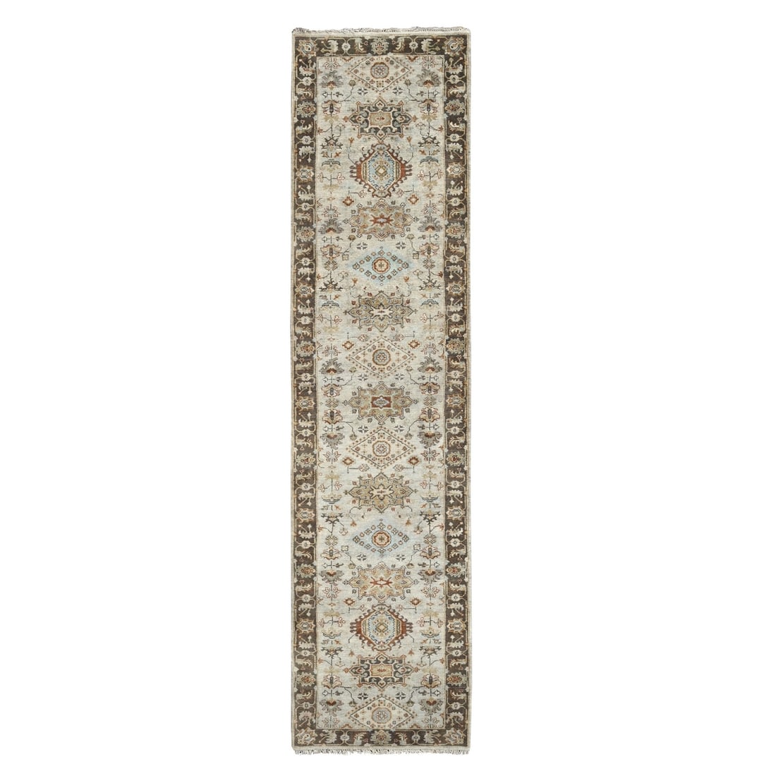 2'8"x12' Timberwolf Gray Karjihooz Design Hand Knotted Wool Runner Rug: 2'8"x12' Timberwolf Gray Karjihooz Design Hand Knotted Wool Runner Rug The 2'8"x12' Timberwolf Gray Karjihooz Design Hand Knotted Wool Runner Rug is a stunning example of traditional craftsmanship, bo