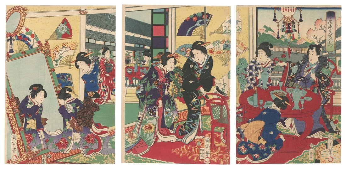 Sekihitsu 1869 Toyohara Kunichika Imayo Genji Woodblock Print: Sekihitsu 1869 Toyohara Kunichika Imayo Genji Woodblock Print Item Specifics: Artist: Toyohara Kunichika Subject: Genji Mirror Scene Kabuki History Material: Washi Paper Style: Japanese Year Of Produc