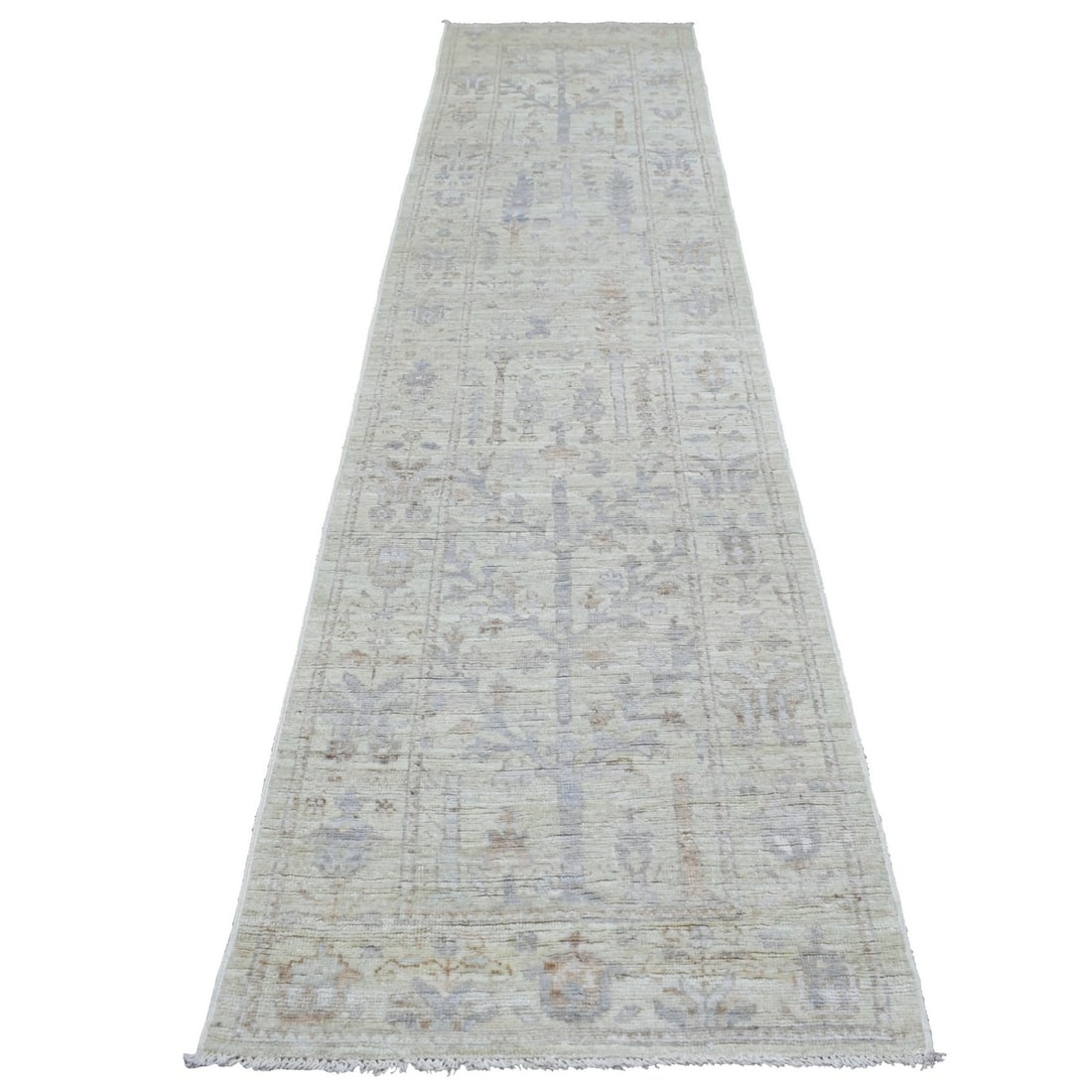 2'8"x11'9" Extra Soft Wool Hand Knotted Silver Angora Oushak Runner Rug: 2'8"x11'9" Extra Soft Wool Hand Knotted Silver Angora Oushak Runner Rug Extra Soft Wool Hand Knotted Silver Angora Oushak Runner Rug measures 141" x 32" and boasts a natural beige color. Made from 100