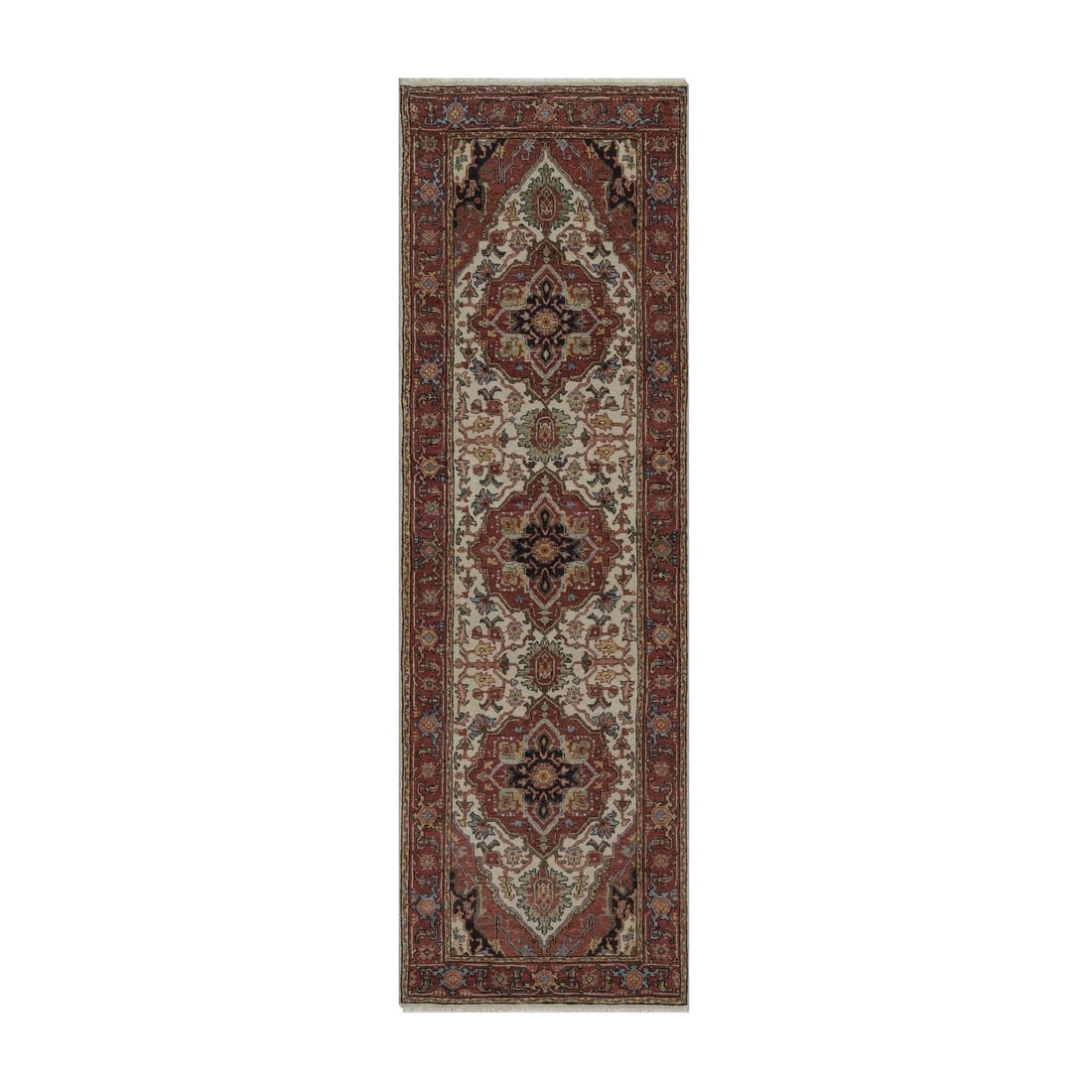 New Zealand Wool Ivory Hand Knotted Heriz Antiqued 2'6" Runner: New Zealand Wool Ivory Hand Knotted Heriz Antiqued 2'6" Runner Hand-knotted in wool, this 2'6" x 8'0" ivory Heriz-style runner boasts a medallion pattern and a rich, antique-inspired design. The wool 