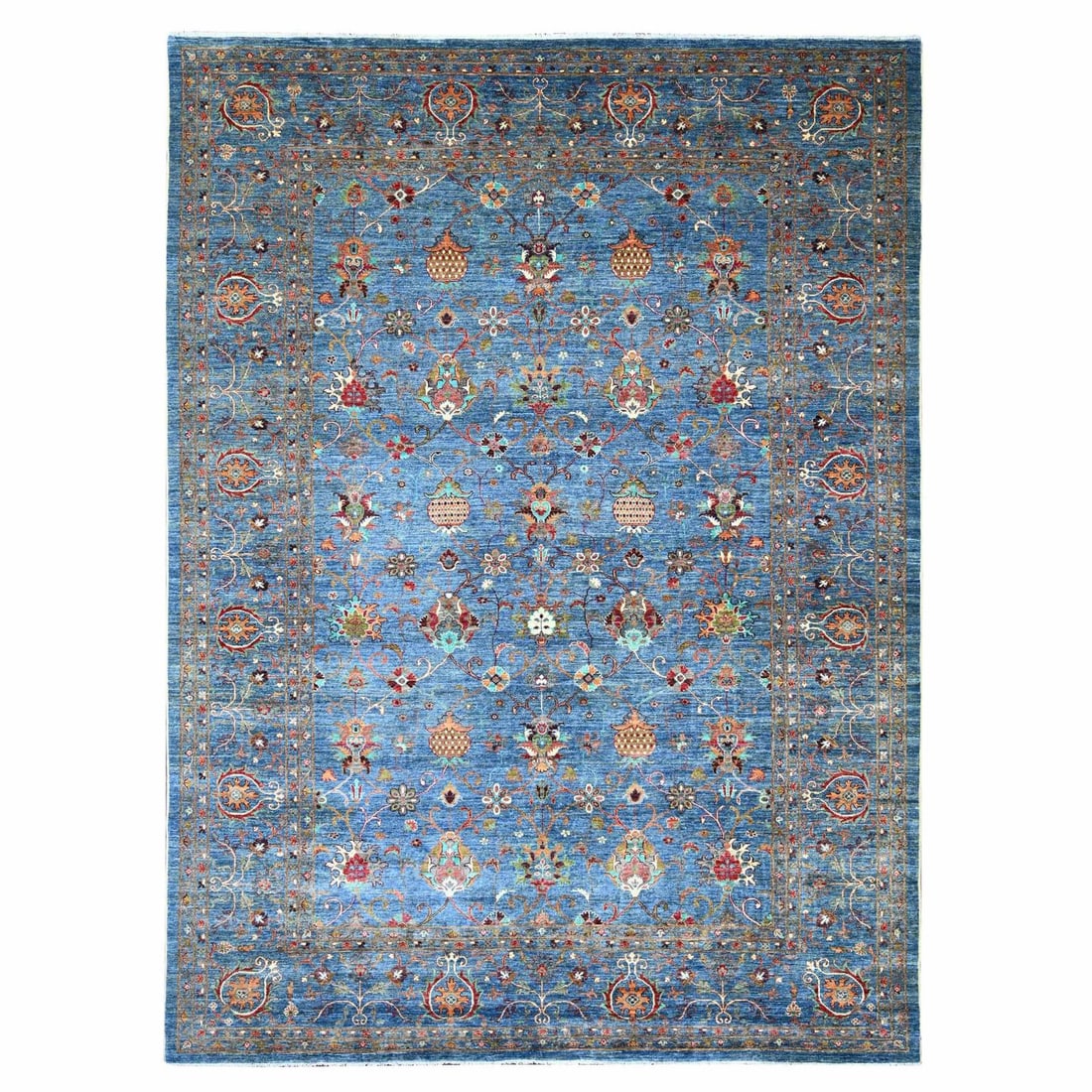 9'1"x12'2" Blue Hand Knotted Afghan Sultani Pomegranate Design Wool Rug: 9'1"x12'2" Blue Hand Knotted Afghan Sultani Pomegranate Design Wool Rug 9'1" x 12'2" Blue Sultani Pomegranate Design Wool Rug - A stunning, hand-knotted Afghan rug with a vibrant blue field and intric