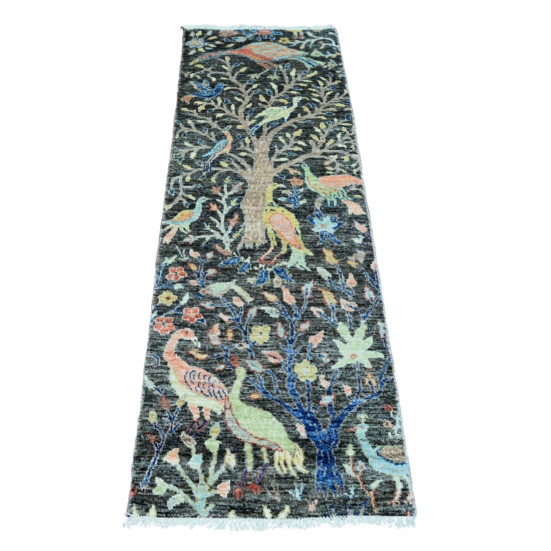 2'x6'2" Gray Hand Knotted Afghan Peshawar Birds Design Wool Runner Rug: 2'x6'2" Gray Hand Knotted Afghan Peshawar Birds Design Wool Runner Rug Hand-knotted in traditional Afghan style, this 2'x6'2" gray wool runner rug features a stunning birds design, showcasing the rich