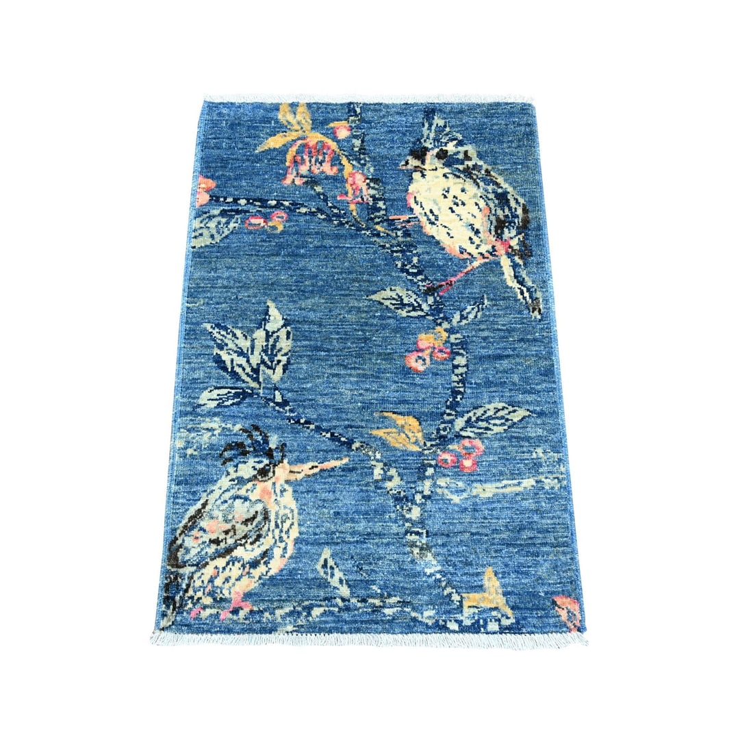 2'x2'10" Blue Sparrow on the Tree Peshawar Pure Wool Hand Knotted Mat Rug: 2'x2'10" Blue Sparrow on the Tree Peshawar Pure Wool Hand Knotted Mat Rug The 2'x2'10" Blue Sparrow on the Tree Peshawar Pure Wool Hand Knotted Mat Rug is a stunning example of Afghan craftsmanship, f