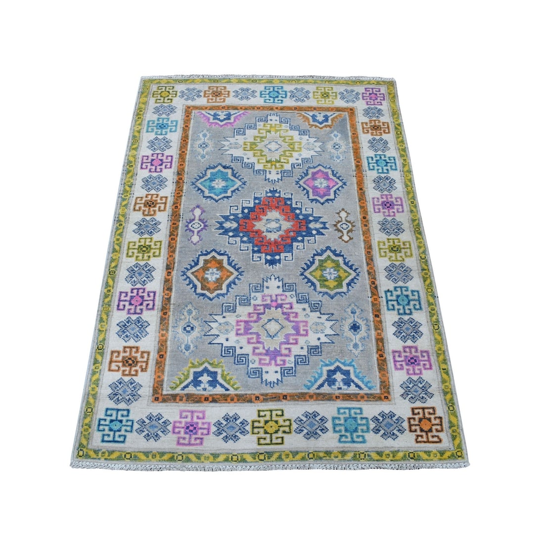 3'1"x4'10" Colorful Gray Fusion Kazak Organic Wool Hand Knotted Rug: 3'1"x4'10" Colorful Gray Fusion Kazak Organic Wool Hand Knotted Rug Colorful Gray Fusion Kazak Organic Wool Hand Knotted Rug - A unique and vibrant piece, this 3'1" x 4'10" rectangular field rug featu