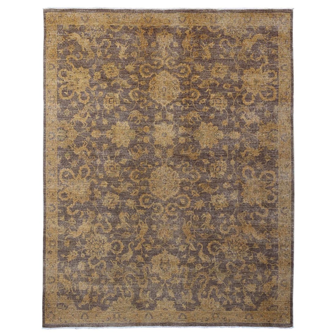 Brown Peshawar Ziegler Mahal Design Hand Knotted Pure Wool Rug 7'10" 10: Brown Peshawar Ziegler Mahal Design Hand Knotted Pure Wool Rug 7'10" 10 Brown Peshawar Ziegler Mahal Design Hand Knotted Pure Wool Rug 7'10" 10 is a stunning example of Afghan craftsmanship, boasting 