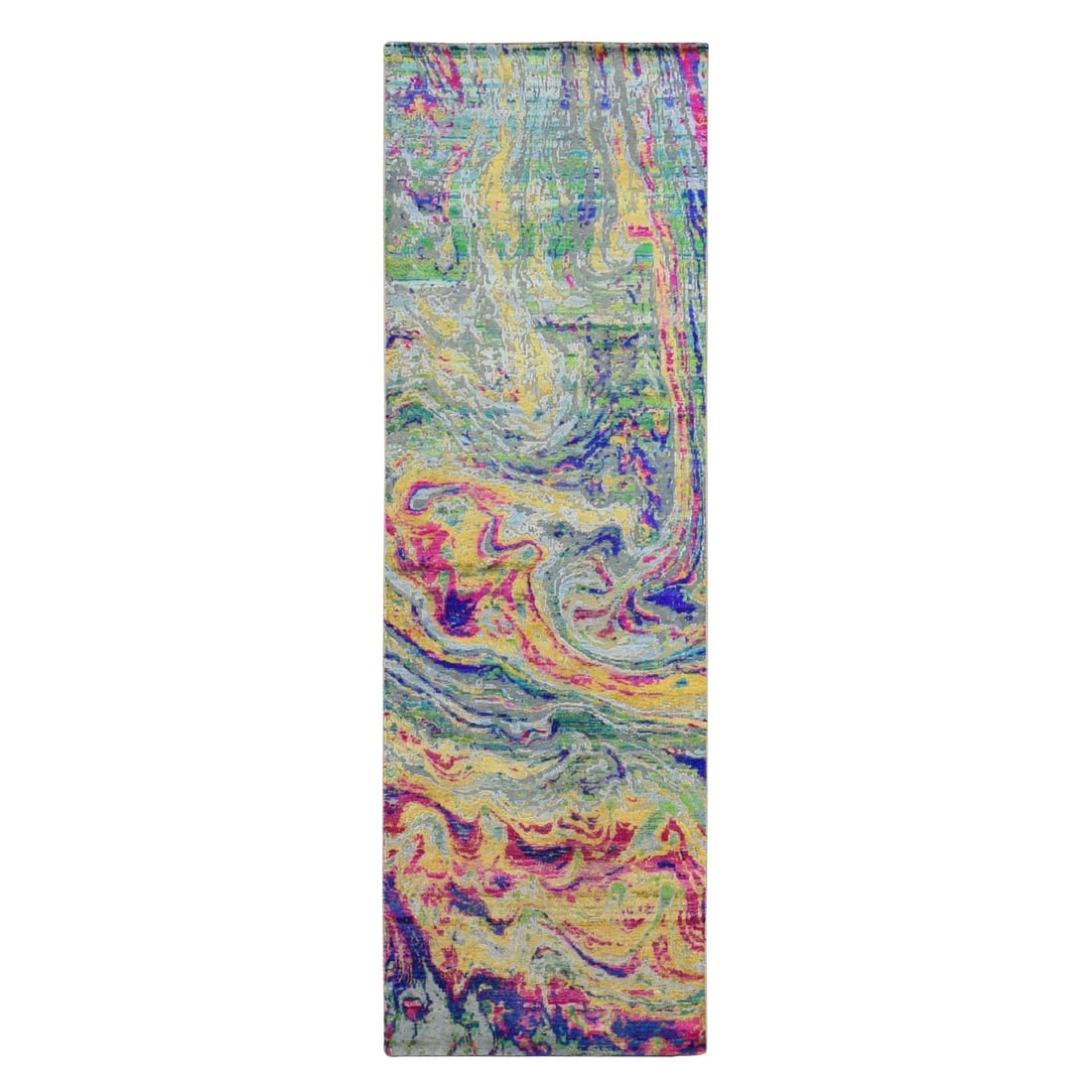 3'x9'2" Colorful Sari Silk Wool The Lava Design Runner Hand Knotted Rug: 3'x9'2" Colorful Sari Silk Wool The Lava Design Runner Hand Knotted Rug Silk, wool, and vibrant colors come together in this stunning 3'0" x 9'2" hand-knotted rug, featuring an intricate Lava design. 