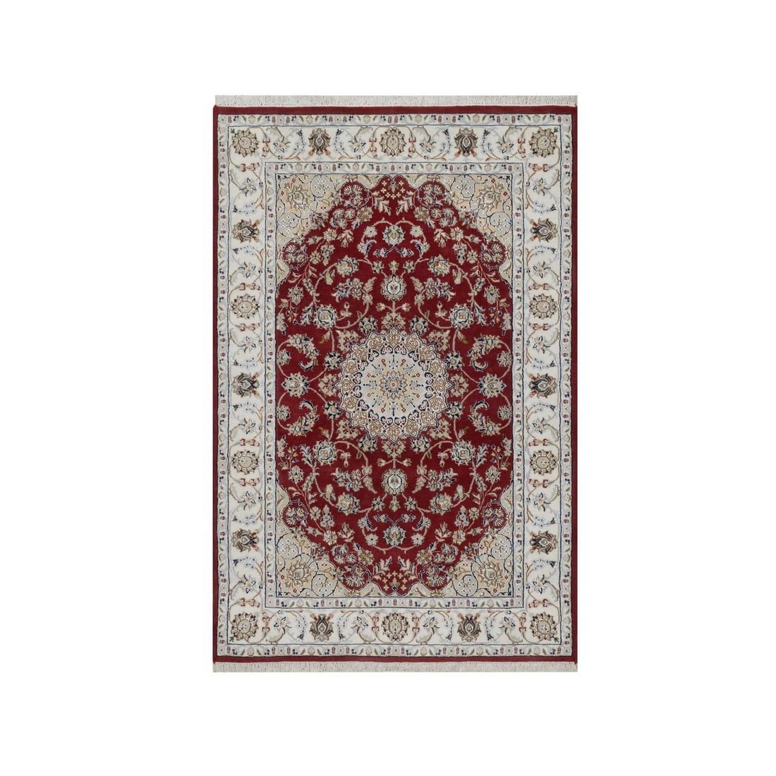 4'x6'1" Red Nain Medallion Design Hand Knotted Wool and Silk 250 KPSI Rug: 4'x6'1" Red Nain Medallion Design Hand Knotted Wool and Silk 250 KPSI Rug The 4'x6'1" Red Nain Medallion Design Hand Knotted Wool and Silk rug boasts a striking medallion pattern in a vibrant red hue,