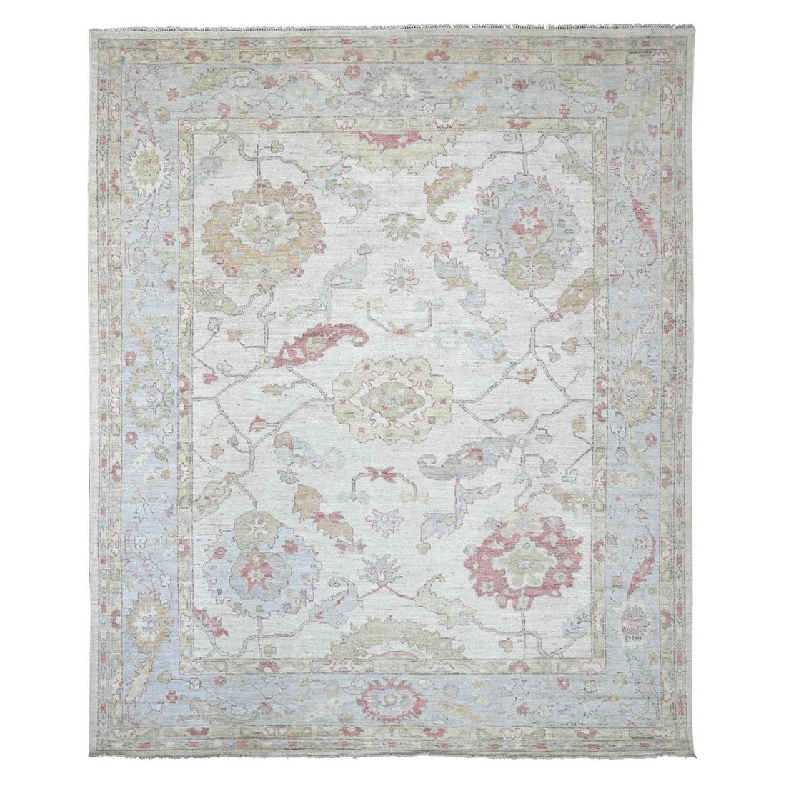 8'x9'9" Ivory Afghan Angora Oushak Leaf Design Hand Knotted Pure Wool Rug: 8'x9'9" Ivory Afghan Angora Oushak Leaf Design Hand Knotted Pure Wool Rug This stunning 8'x9'9" Ivory Afghan Angora Oushak Leaf Design Hand Knotted Pure Wool Rug boasts a beautiful floral pattern in a