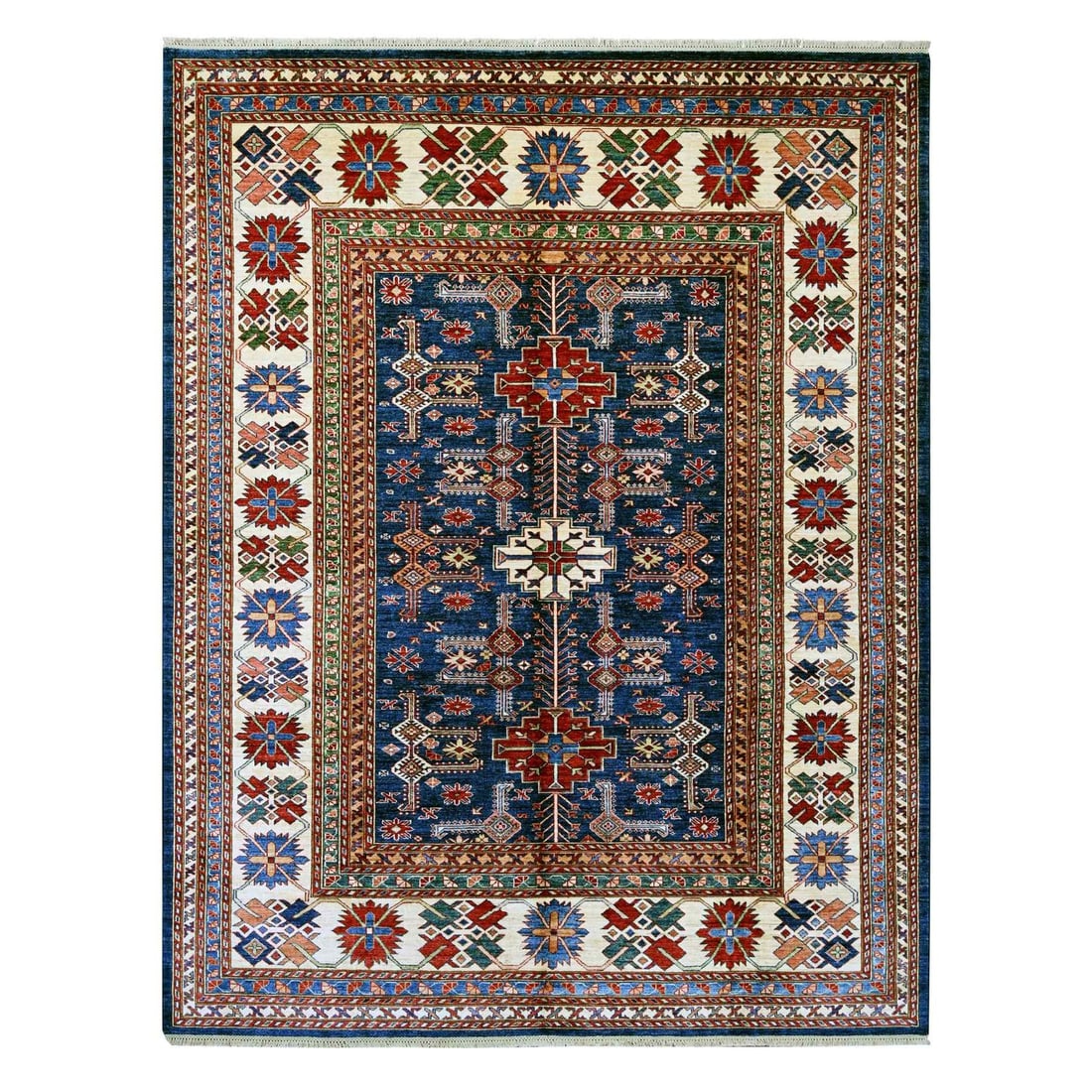 8'1"x10'2" Navy Blue Afghan Super Kazak Hand Knotted Pure Wool Rug: 8'1"x10'2" Navy Blue Afghan Super Kazak Hand Knotted Pure Wool Rug Navy blue and red hues blend in an all-over, regional design, characteristic of the Kazak style, on this hand-knotted, pure wool rug.