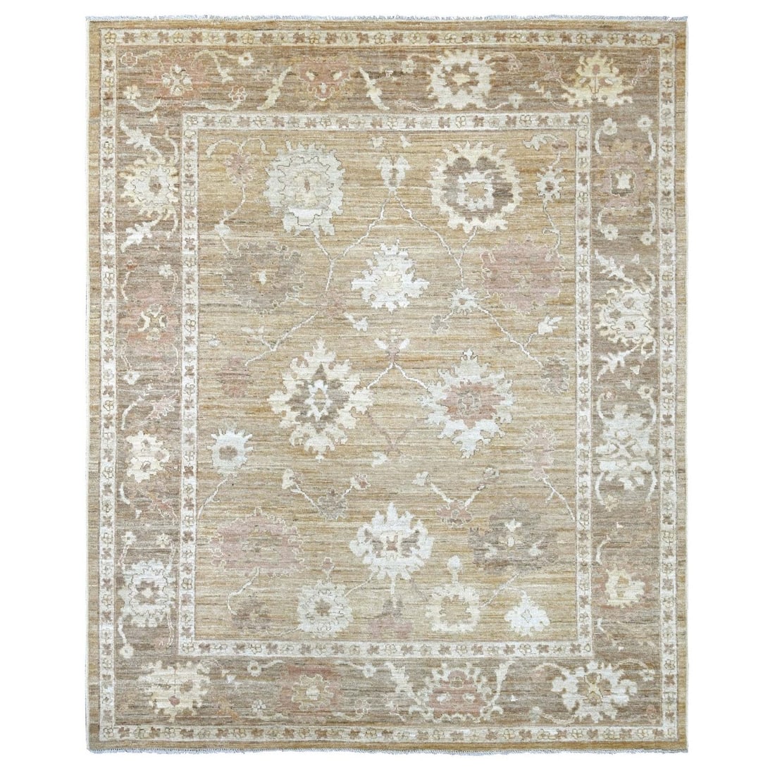 8'2"x9'10" Brown Afghan Angora Oushak Leaf Design Hand Knotted Wool Rug: 8'2"x9'10" Brown Afghan Angora Oushak Leaf Design Hand Knotted Wool Rug This stunning 8'2"x9'10" Brown Afghan Angora Oushak Leaf Design Hand Knotted Wool Rug boasts a beautiful floral pattern and a ri