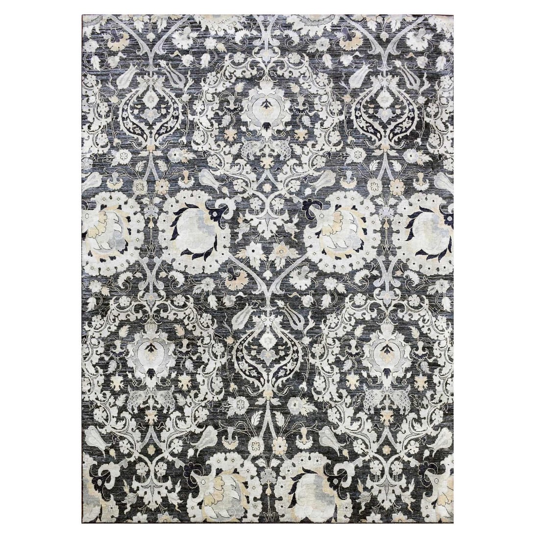 8'2"X10' Gray-Blue Tulip and Large Blossom Textured Wool Hand Knotted Rug: 8'2"X10' Gray-Blue Tulip and Large Blossom Textured Wool Hand Knotted Rug This stunning 8'2" x 10' gray-blue tulip and large blossom textured wool hand-knotted rug boasts a beautiful, intricate design