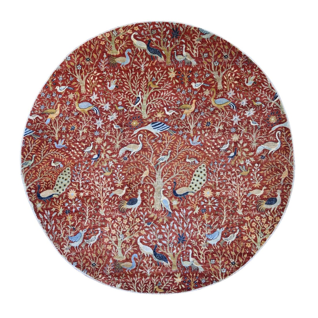 Soft Wool Round Rug Red Birds Paradise Design Hand Knotted 12'2" 12'2: Soft Wool Round Rug Red Birds Paradise Design Hand Knotted 12'2" 12'2 Soft and vibrant, this stunning red wool round rug features a beautiful Peshawar design, hand knotted with precision and care. Mad