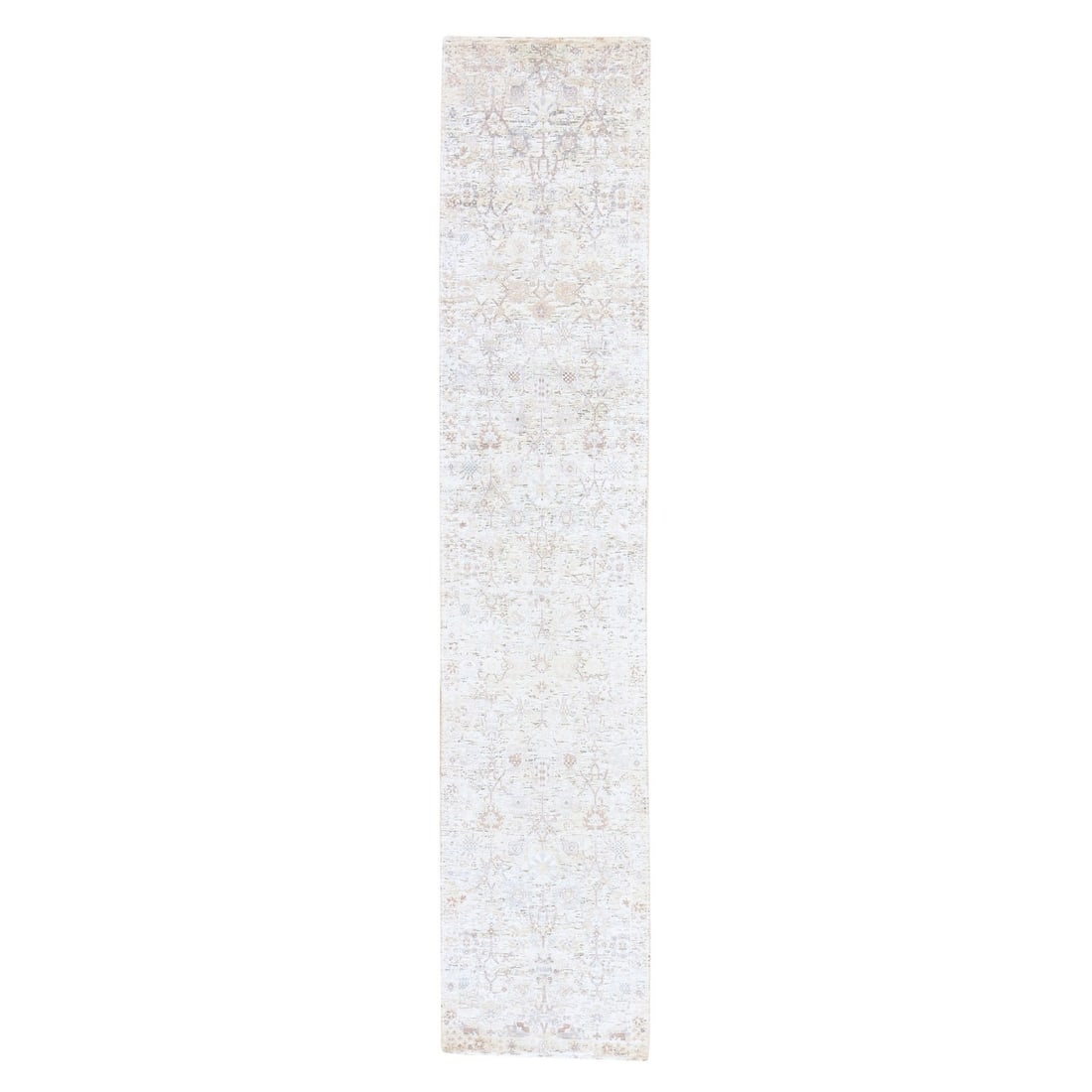 2'5"x12' Ivory Silk with Textured Wool Tebraz Design Hand Knotted Runner: 2'5"x12' Ivory Silk with Textured Wool Tebraz Design Hand Knotted Runner Hand-knotted with intricate Tebraz design, this 2'5"x12' ivory silk and textured wool runner boasts an all-over regional patter