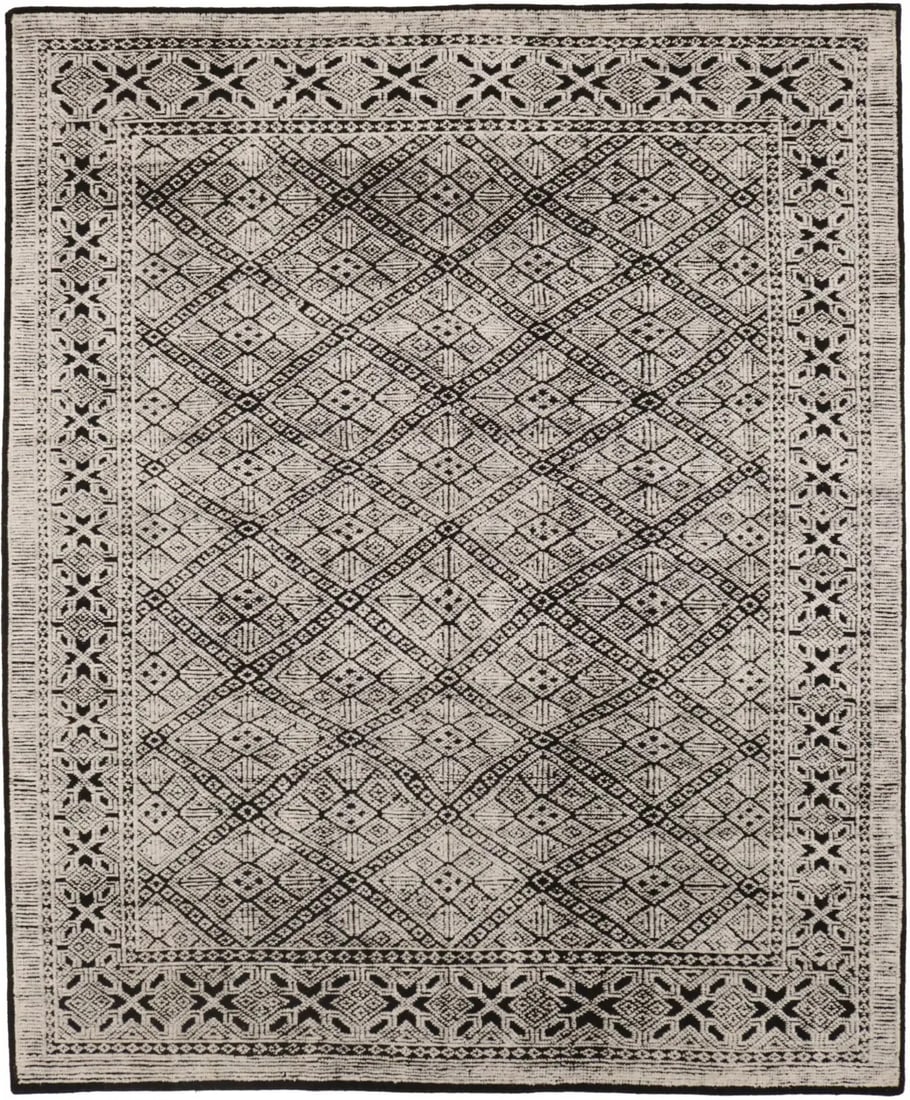 8X10 Modern Oriental Rug Geometric Design With High-Low Relief Decor Carpet Hand-Knotted: 8X10 Modern Oriental Rug Geometric Design With High-Low Relief Decor Carpet Hand-Knotted Charcoal cream and wool blend in a modern geometric design, creating a visually striking area rug with high-low