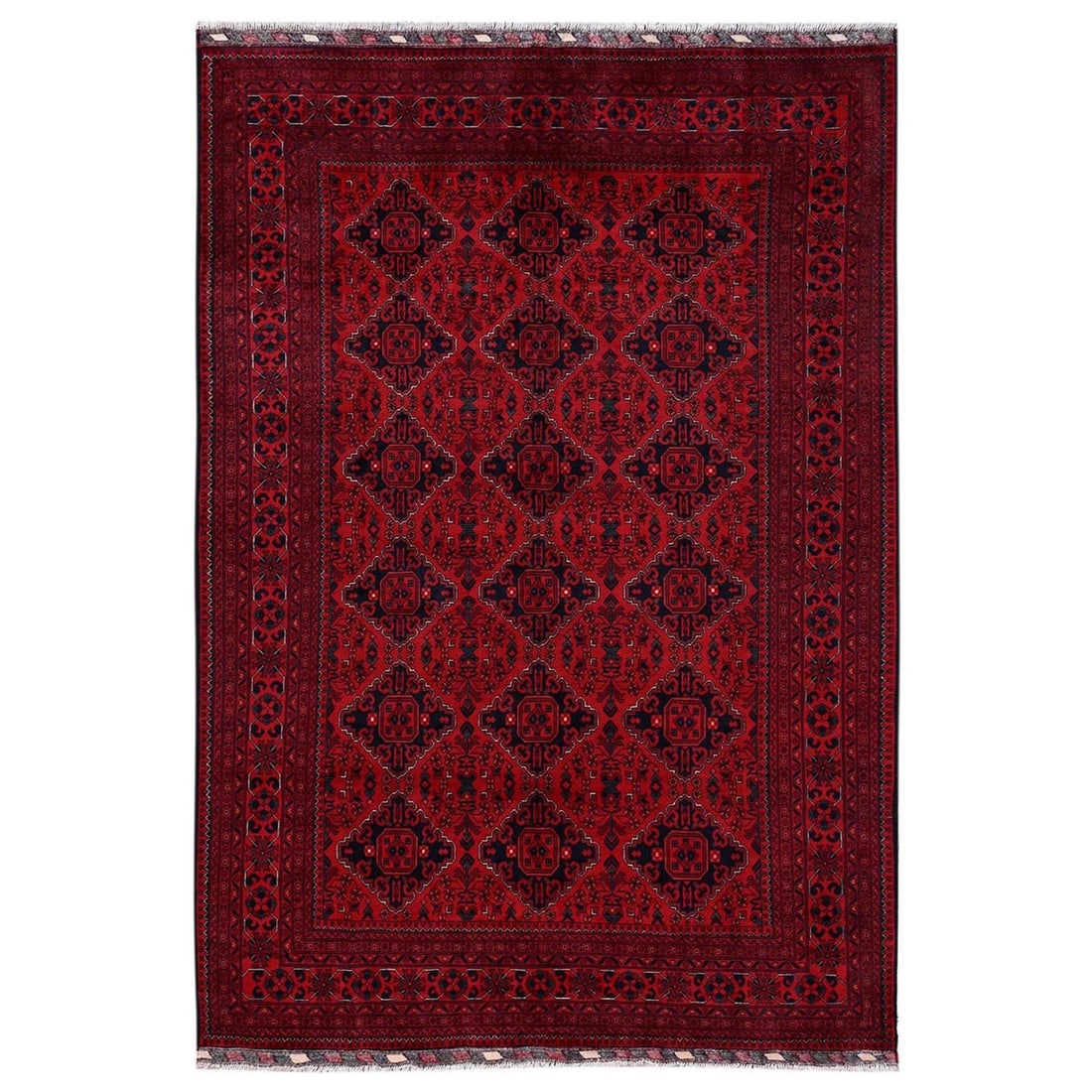 6'7"x9'7" Red Hand Knotted Afghan Andkhoy with Geometric Pattern Wool Rug (1 of 12)