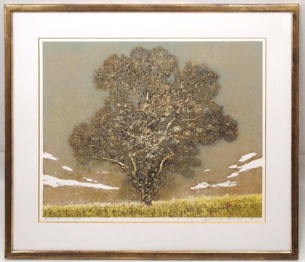 Joichi Hoshi Tree in the Field (A) 1978 Woodblock Print Signed Limited Ed. 99 (1 of 6)
