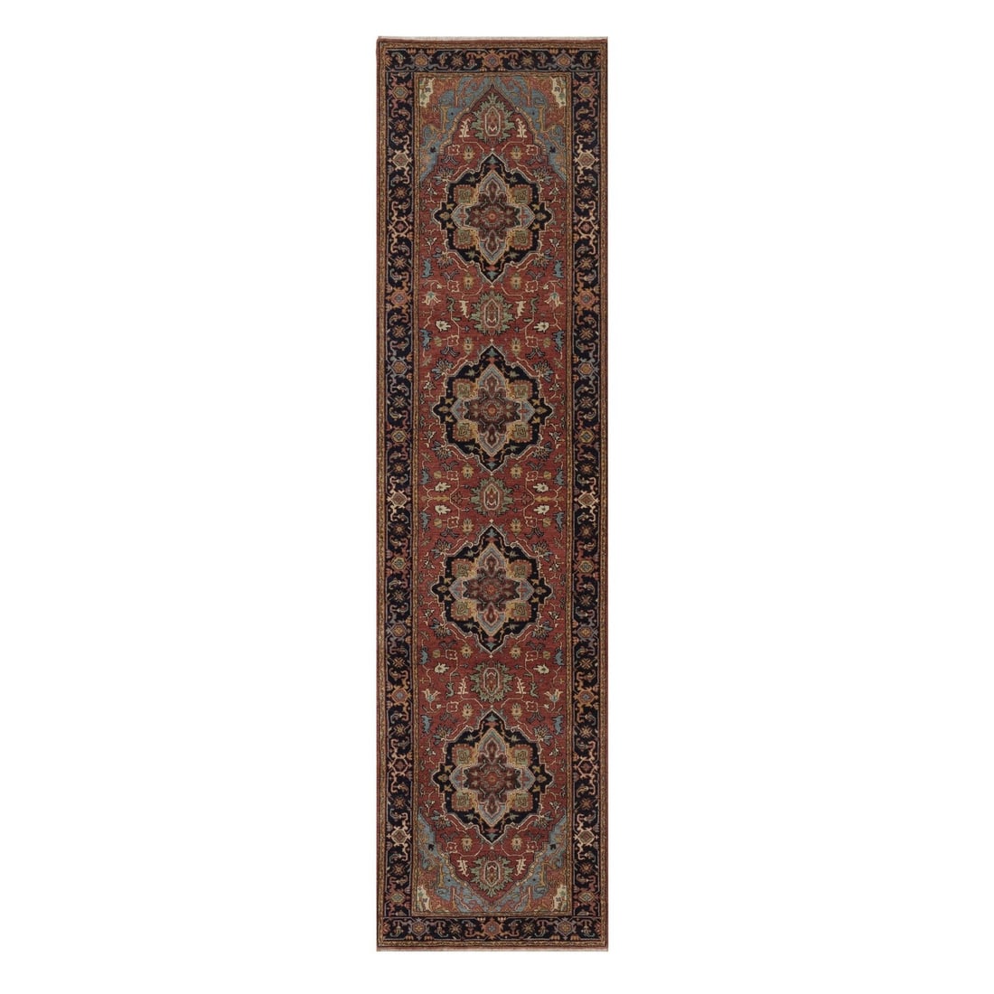 2'6"x10'2" Barn Red Antiqued Fine Heris Hand Knotted New Zealand Wool Runner: 2'6"x10'2" Barn Red Antiqued Fine Heris Hand Knotted New Zealand Wool Runner Barn Red Antiqued Fine Heris Hand Knotted New Zealand Wool Runner is a stunning medallion-patterned rug with a rich, deep r