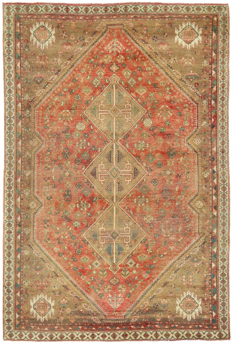 Semi-Antique Geometric Design Oriental Rug Muted Home Decor Carpet 6'3 X 9'4Ft Hand-Knotted (1 of 12)