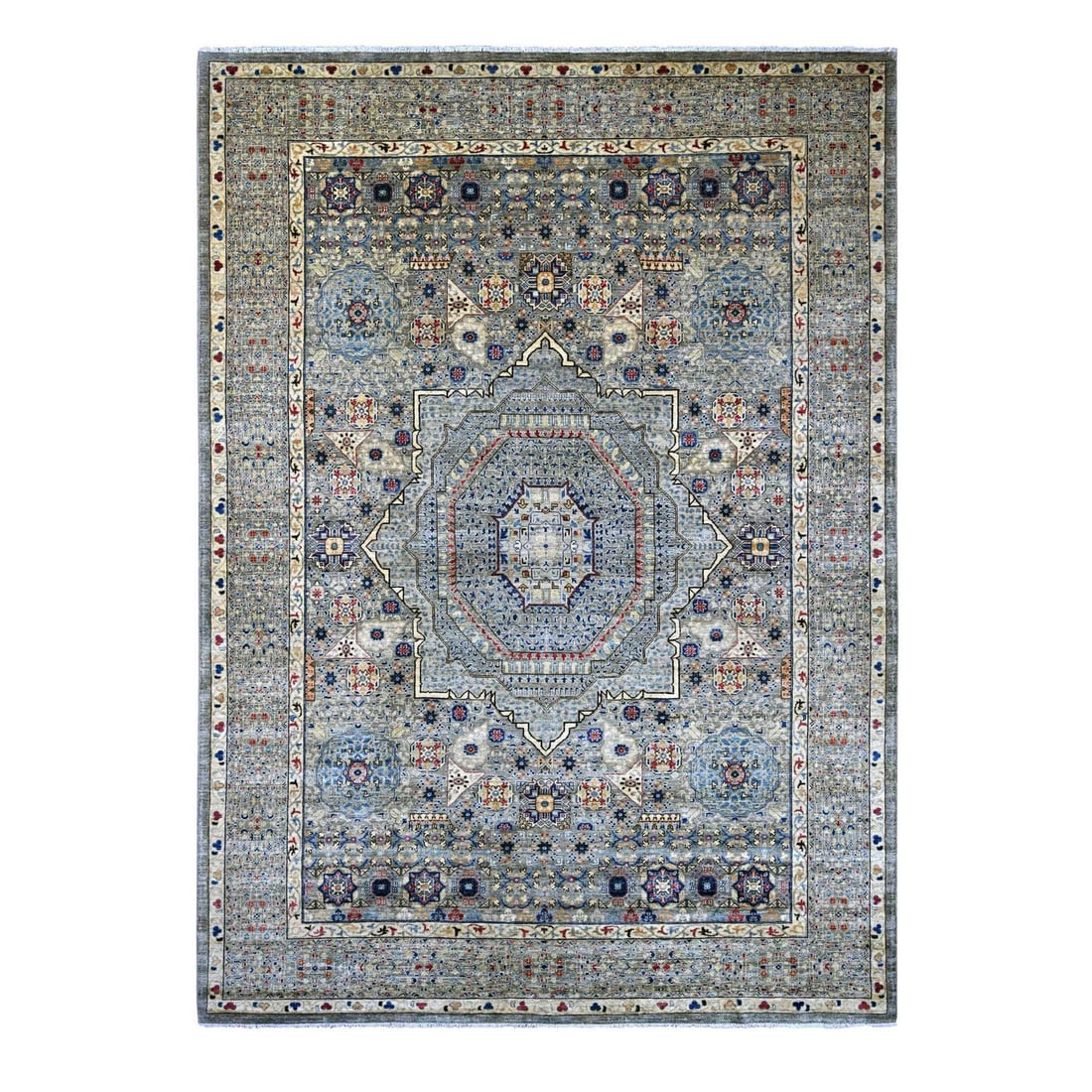 10'x13'9" Gray 14th Century Mamluk Dynasty Pattern Hand Knotted Wool Rug: 10'x13'9" Gray 14th Century Mamluk Dynasty Pattern Hand Knotted Wool Rug The 10'x13'9" Gray Mamluk Dynasty Pattern Hand Knotted Wool Rug is a stunning example of traditional Oriental design, featuring
