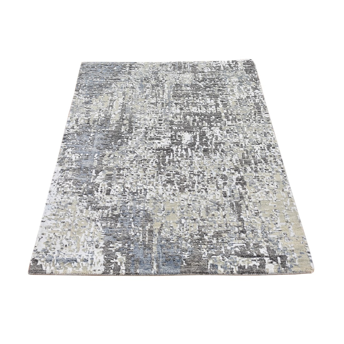 Abstract Design Wool Denser Hand Knotted 3'1"x5' Mat Rug: Abstract Design Wool Denser Hand Knotted 3'1"x5' Mat Rug Grey wool hand-knotted rug with an abstract design, measuring 3'1" x 5' in size. Made from 100% wool, this dense and unique mat rug adds textur