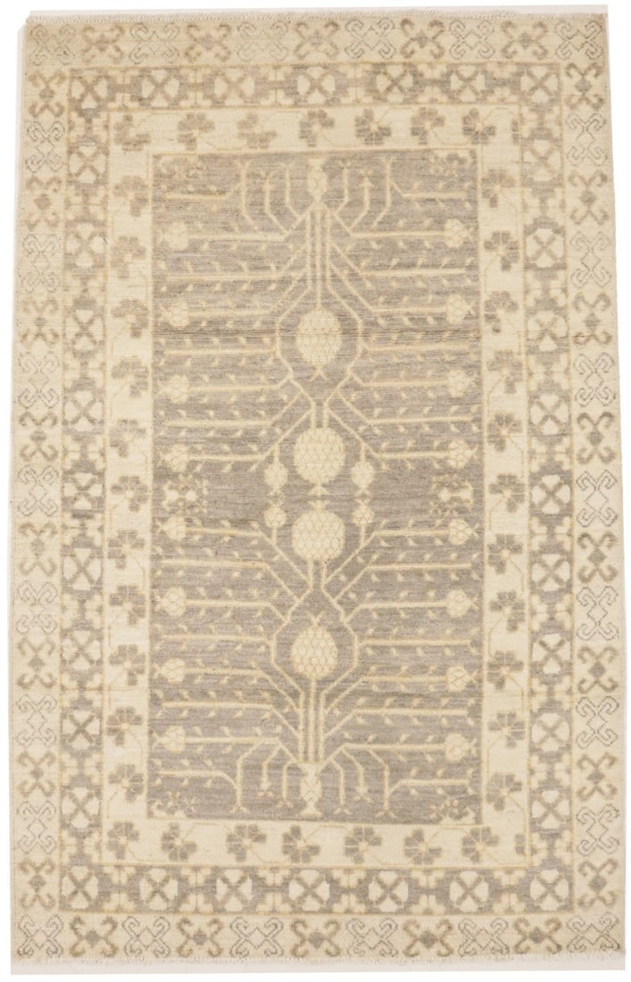 4X6 Ft Handmade Khotan Muted Taupe Floral Rug Peshawar Pakistan Entryway Carpet Hand-Knotted: 4X6 Ft Handmade Khotan Muted Taupe Floral Rug Peshawar Pakistan Entryway Carpet Hand-Knotted Hand-Knotted Handspun Wool Rug from Peshawar, Pakistan, Features a Modern Floral Design in Muted Taupe Colo
