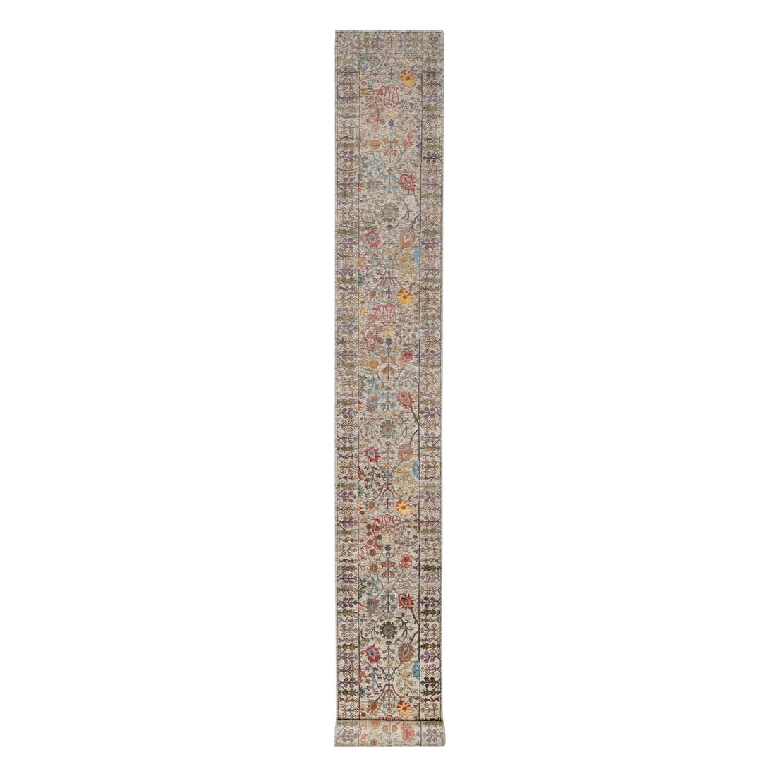 2'7"x22' White Directional Vase Hand Knotted Silk With Wool XL Runner Rug: 2'7"x22' White Directional Vase Hand Knotted Silk With Wool XL Runner Rug Hand-knotted silk and wool runner rug in a stunning oriental design, measuring 2'7" x 22'0" in a beautiful beige field with su