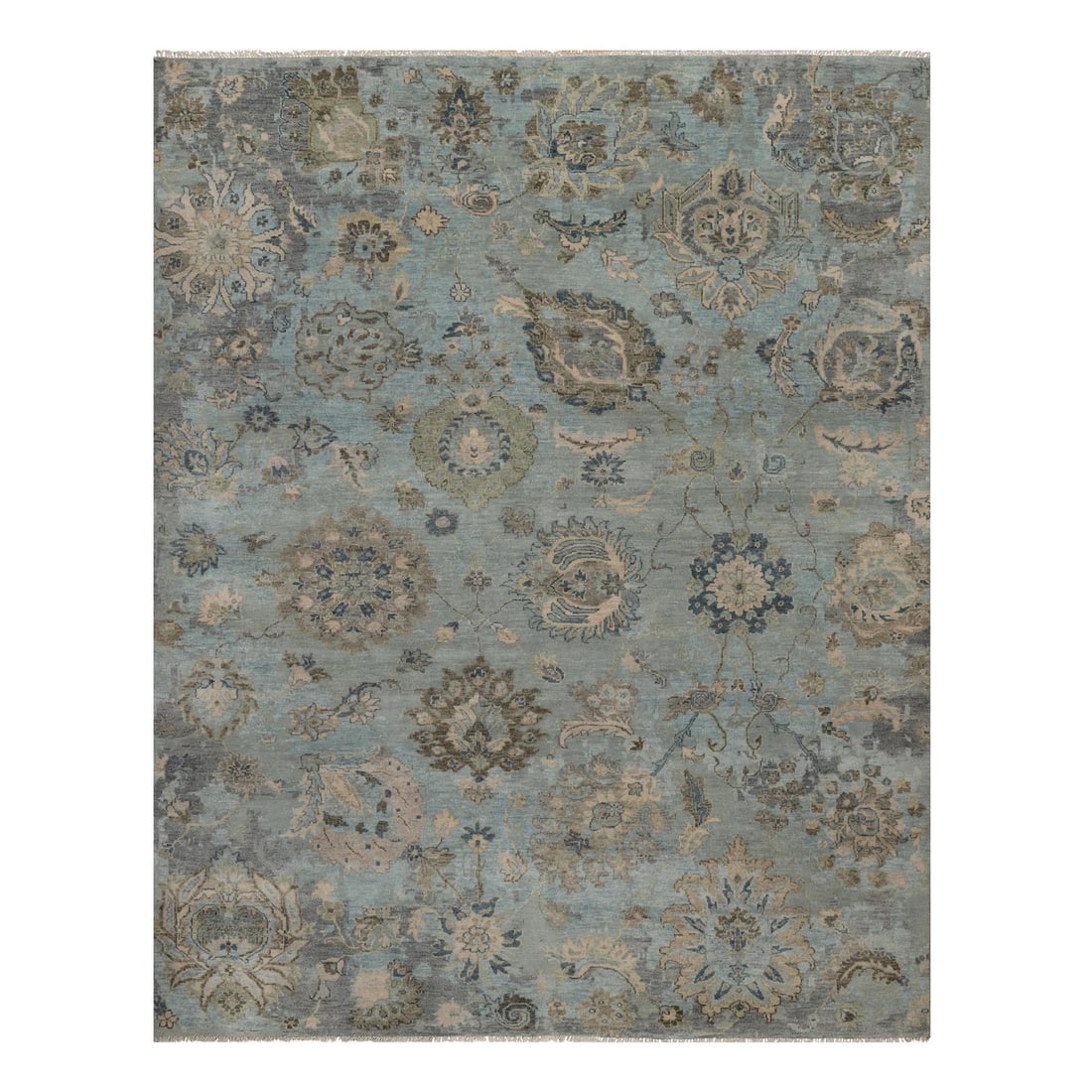 8'x10'1" Gray Borderless Oushak with Leaf Design Hand Knotted Wool Rug: 8'x10'1" Gray Borderless Oushak with Leaf Design Hand Knotted Wool Rug The 8'x10'1" Gray Borderless Oushak with Leaf Design Hand Knotted Wool Rug boasts a stunning floral pattern in a soothing grey fi