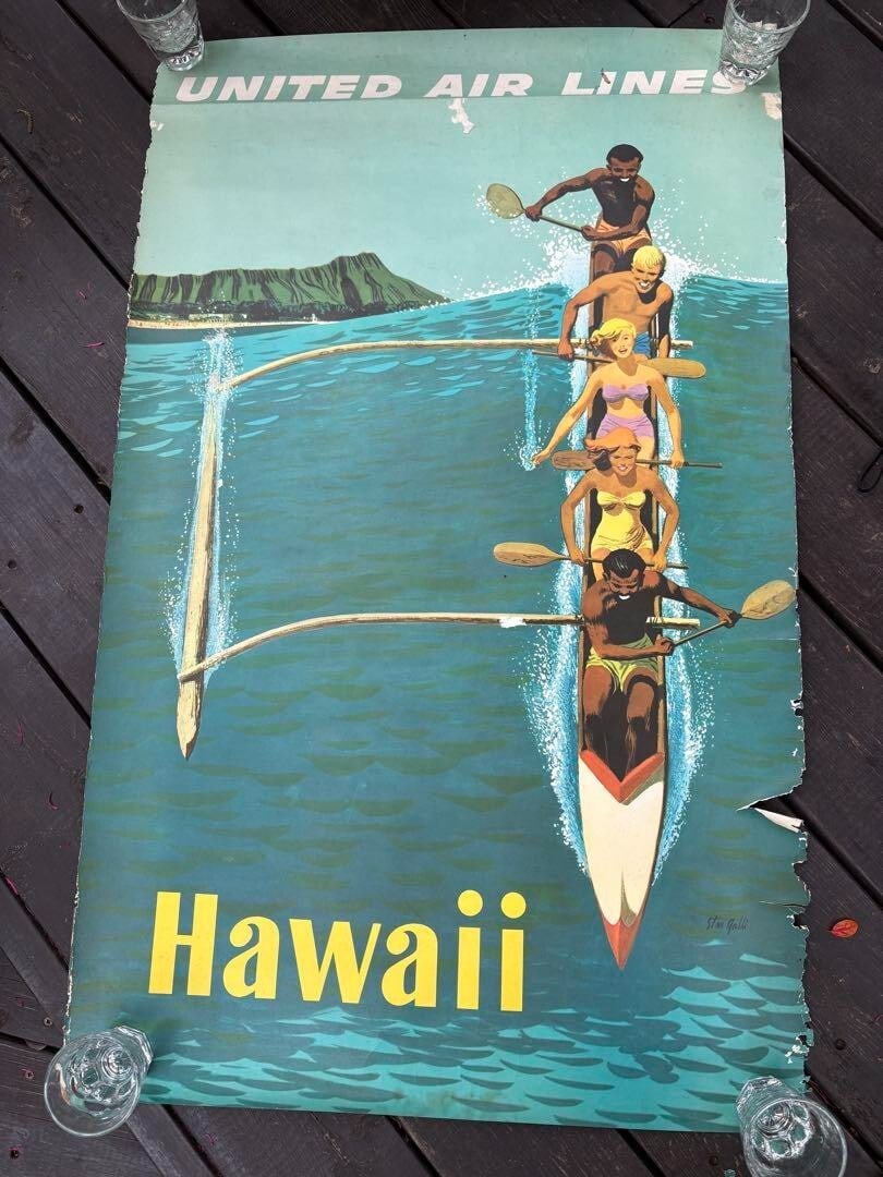 Original Vintage Poster Hawaiian By Stan Galli 1960s Hawaii United Airlines (1 of 3)