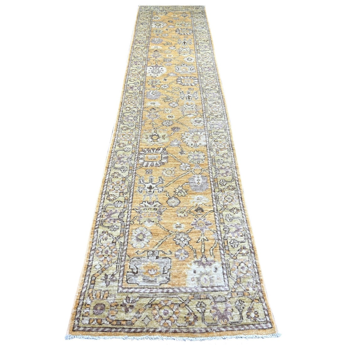 2'8"x13'5" Brown Hand Knotted Angora Oushak Leaf Design Wool Runner Rug: 2'8"x13'5" Brown Hand Knotted Angora Oushak Leaf Design Wool Runner Rug Hand-knotted in Afghanistan, this 2'8"x13'5" brown Oushak leaf design wool runner rug boasts a rich, earthy tone and intricate f