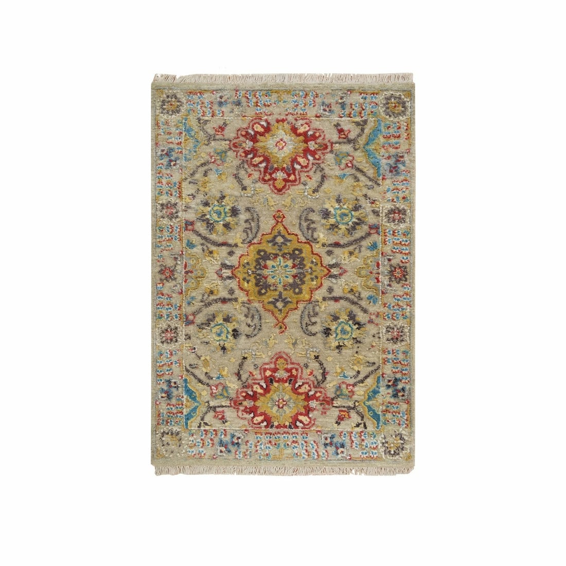 2'x3' Khaki The Sunset Rosettes Wool and Silk Hand Knotted Mat Rug: 2'x3' Khaki The Sunset Rosettes Wool and Silk Hand Knotted Mat Rug Hand-knotted in wool and silk, this 2'x3' Khaki The Sunset Rosettes rug boasts a classic Oriental design with subtle beige and neutra