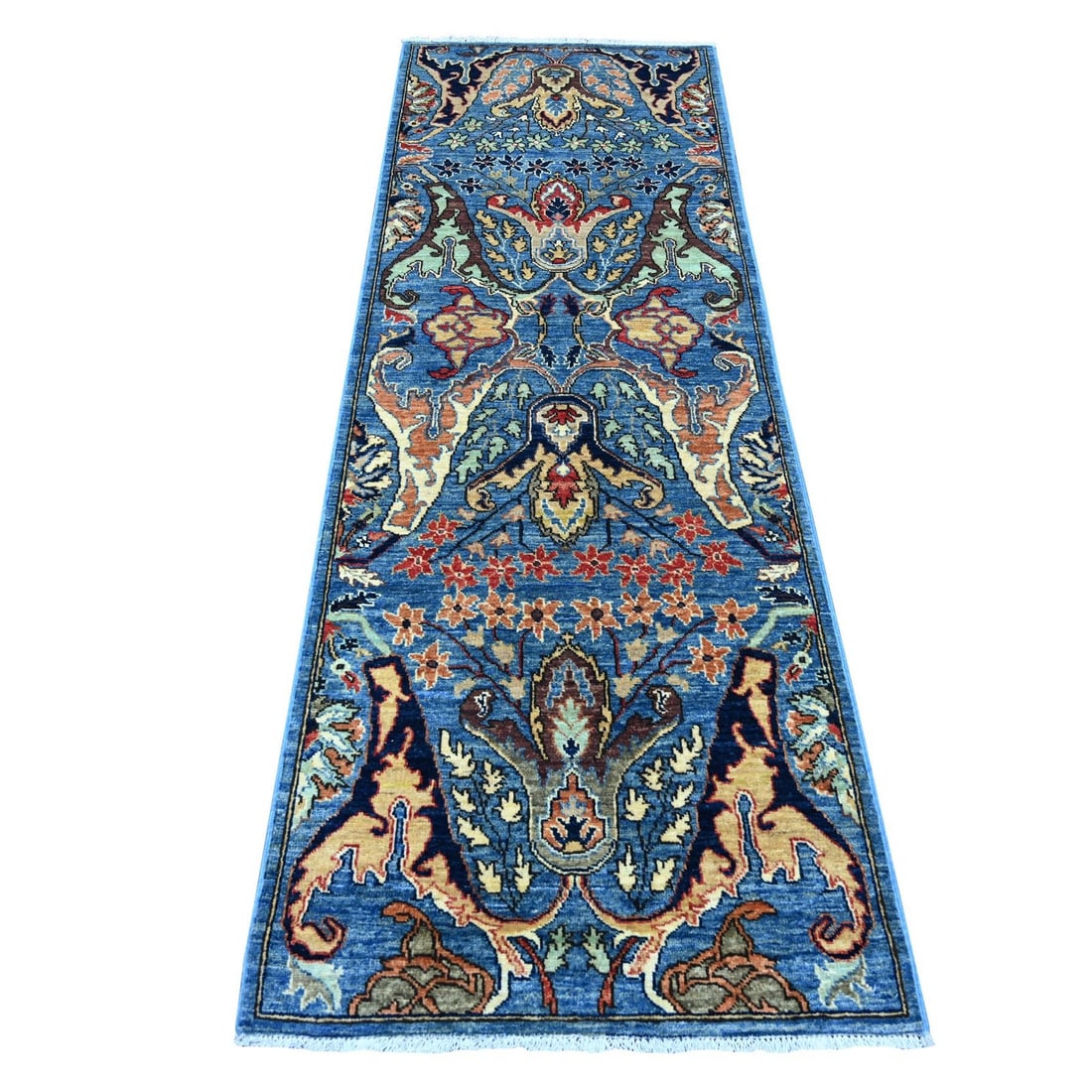 Marlin Blue Bijar Rug Hand Knotted Soft Wool Runner 2'7"x8: Marlin Blue Bijar Rug Hand Knotted Soft Wool Runner 2'7"x8 Softly glowing blue, this hand-knotted wool runner from Afghanistan boasts an all-over regional design, showcasing the beauty of Oriental pat