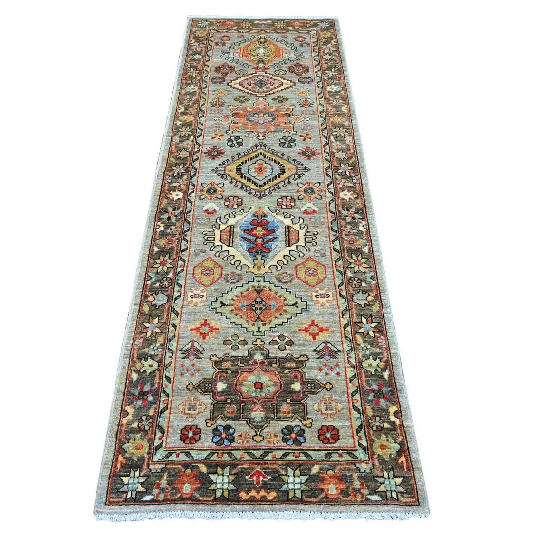 2'7"x8' Gray Aryana Grade Karjihooz Design Wool Hand Knotted Runner Rug: 2'7"x8' Gray Aryana Grade Karjihooz Design Wool Hand Knotted Runner Rug The 2'7"x8' Gray Aryana Grade Karjihooz Design Wool Hand Knotted Runner Rug is a stunning example of traditional Peshawar crafts