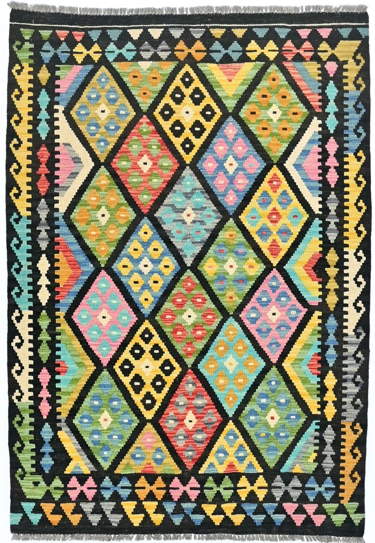 4X6 Multicolored Kilim Oriental Rug Geometric Reversible Small Bedroom Carpet Hand-Knotted: 4X6 Multicolored Kilim Oriental Rug Geometric Reversible Small Bedroom Carpet Hand-Knotted This beautifully hand-woven, multicolored kilim rug boasts a striking geometric pattern in a modern tribal st
