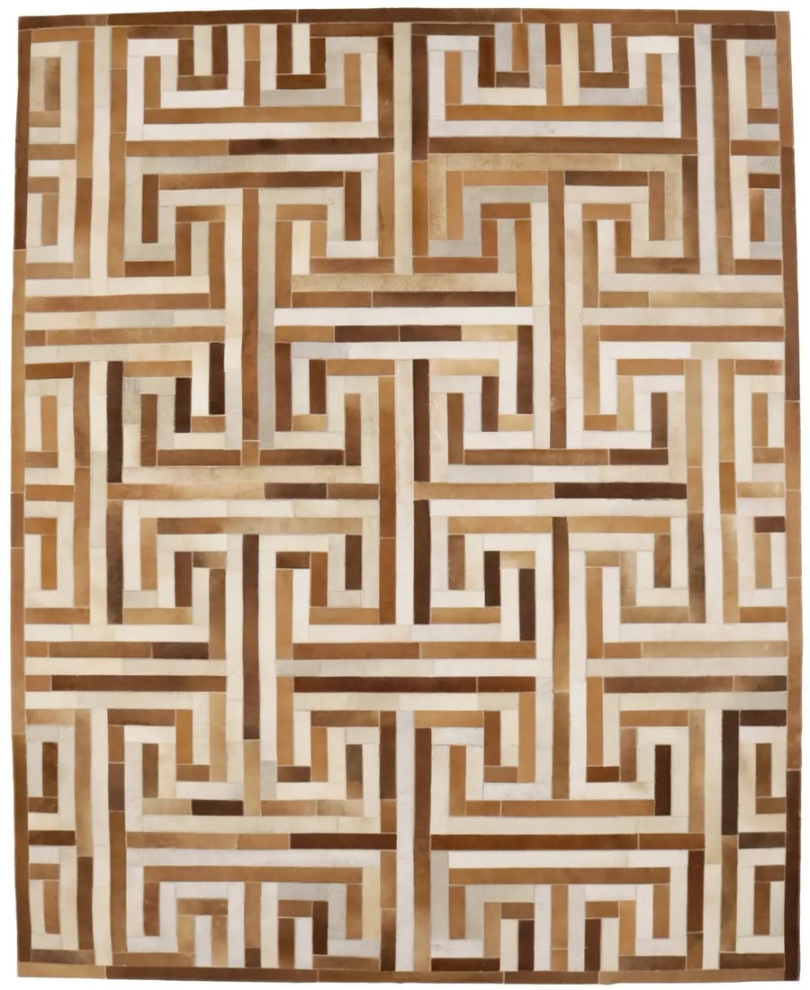 Contemporary Brown Cowhide Rug Large Modern Handcrafted Leather Carpet 8X10 Ft Hand-Knotted: Contemporary Brown Cowhide Rug Large Modern Handcrafted Leather Carpet 8X10 Ft Hand-Knotted Large, handcrafted leather rug in a modern geometric pattern, measuring 8'0" x 10'0". Made from high-quality