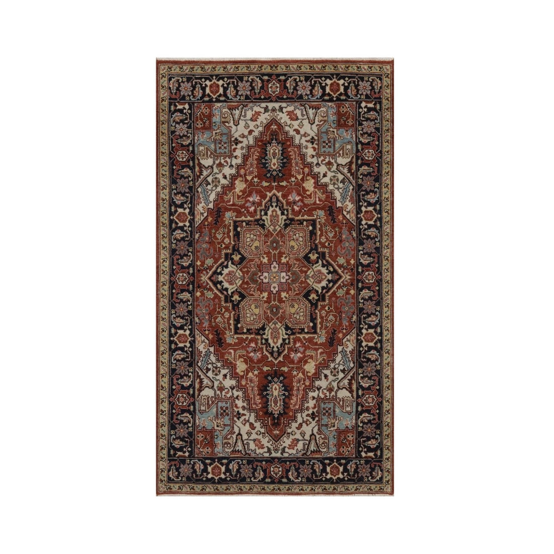 Red Antiqued New Zealand Wool Hand Knotted 2'10"x5'2" Receation Heris Rug: Red Antiqued New Zealand Wool Hand Knotted 2'10"x5'2" Receation Heris Rug Hand-knotted in rich red wool, this 2'10"x5'2" Heris rug boasts a stunning medallion pattern against a red field, adding a pop