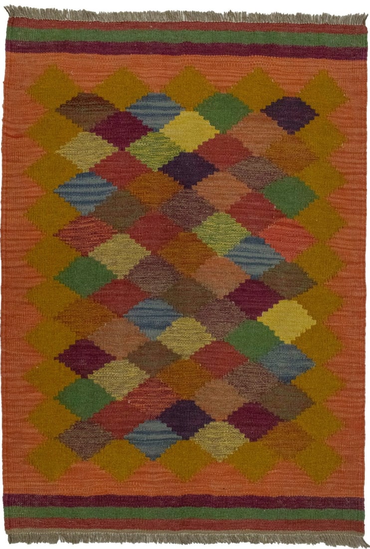 Hand-Woven 3X4 Kilim Oriental Rug Tribal Geometric Multicolored Carpet Hand-Knotted: Hand-Woven 3X4 Kilim Oriental Rug Tribal Geometric Multicolored Carpet Hand-Knotted Hand-woven in traditional Oriental style, this 2'9 x 4'0 kilim rug boasts a vibrant multicolored design featuring ge