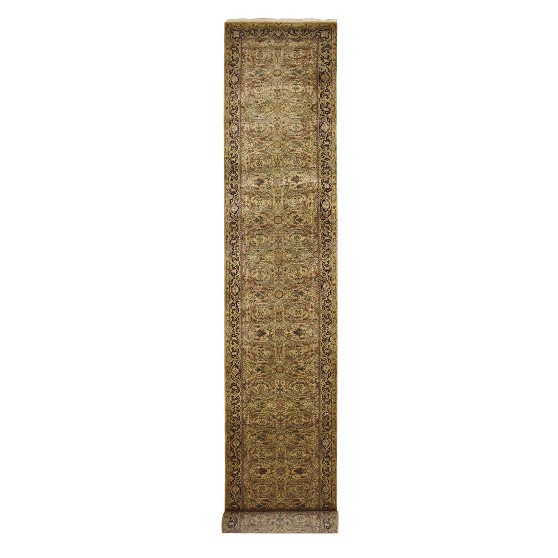 Hand Knotted Gold 3 2" Rajasthan Leaf Design Wool Runner Rug: Hand Knotted Gold 3 2" Rajasthan Leaf Design Wool Runner Rug Hand-knotted in gold, this 3'2" x 19'4" wool runner rug boasts a stunning Rajasthan leaf design in vibrant yellow and subtle accents of red