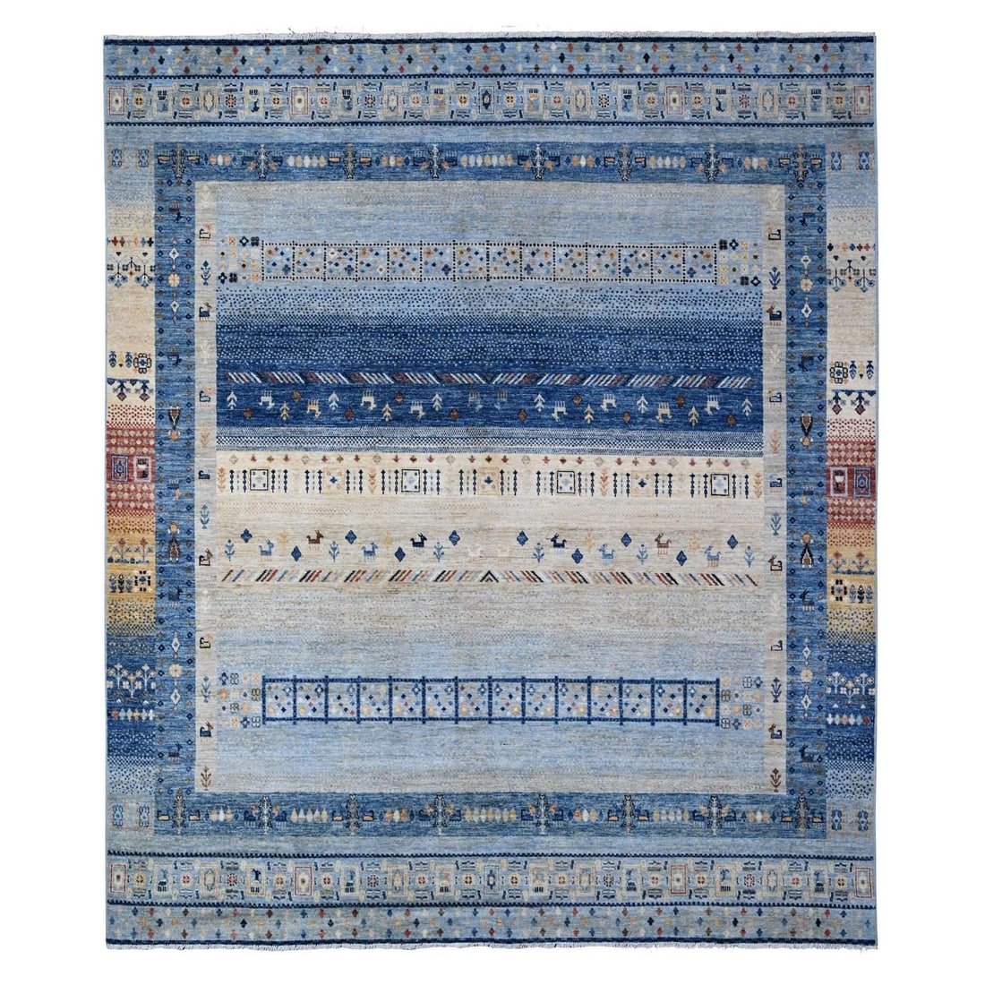 8'3"x9'6" Steel Blue Fine Kashkuli Gabbeh All Natural Wool Oriental Rug: 8'3"x9'6" Steel Blue Fine Kashkuli Gabbeh All Natural Wool Oriental Rug This 8'3"x9'6" Steel Blue Fine Kashkuli Gabbeh All Natural Wool Oriental Rug is a stunning example of Afghan craftsmanship, boas