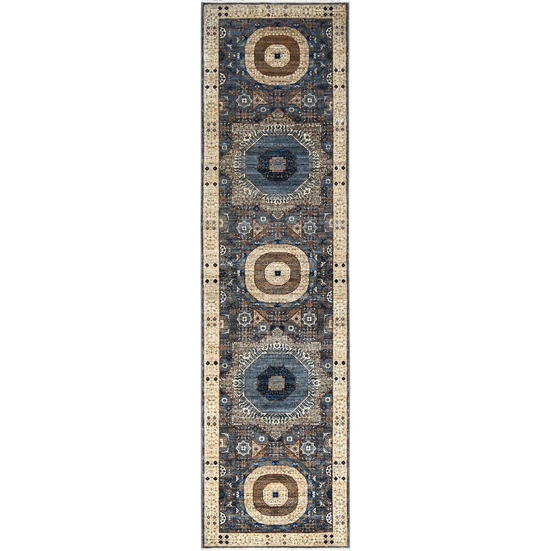 2'8"x9'10" Gray Mamluk Dynasty Hand Knotted Wool 200 KPSI Runner Rug: 2'8"x9'10" Gray Mamluk Dynasty Hand Knotted Wool 200 KPSI Runner Rug The 2'8"x9'10" Gray Mamluk Dynasty Hand Knotted Wool rug boasts a stunning flatweave design, characteristic of Afghan craftsmanship