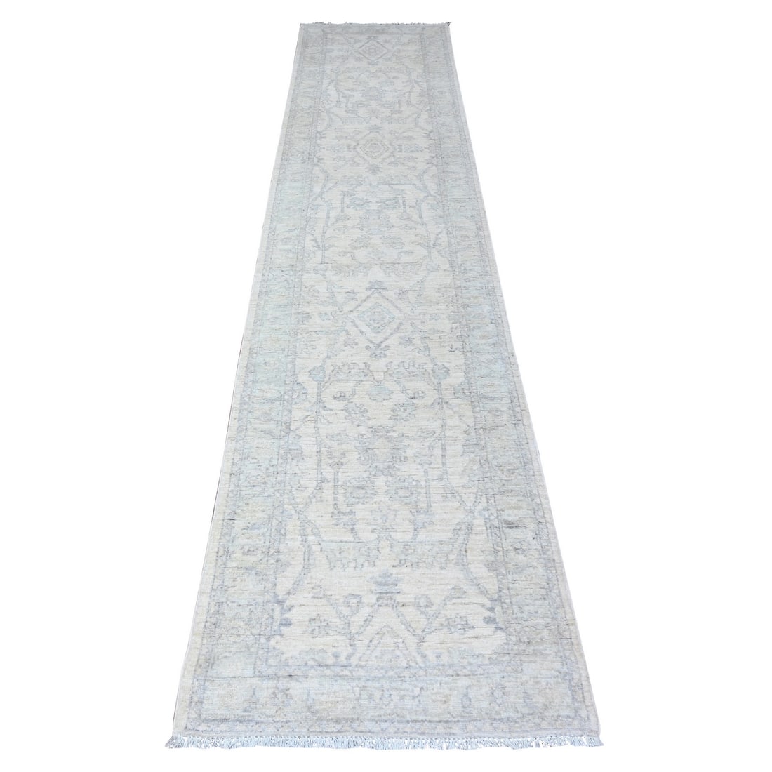 2'5"x11'8" White Natural Wool White Wash Peshawar Hand Knotted Runner Rug: 2'5"x11'8" White Natural Wool White Wash Peshawar Hand Knotted Runner Rug This stunning 2'5"x11'8" White Natural Wool White Wash Peshawar Hand Knotted Runner Rug boasts a rich, ivory hue and intricate