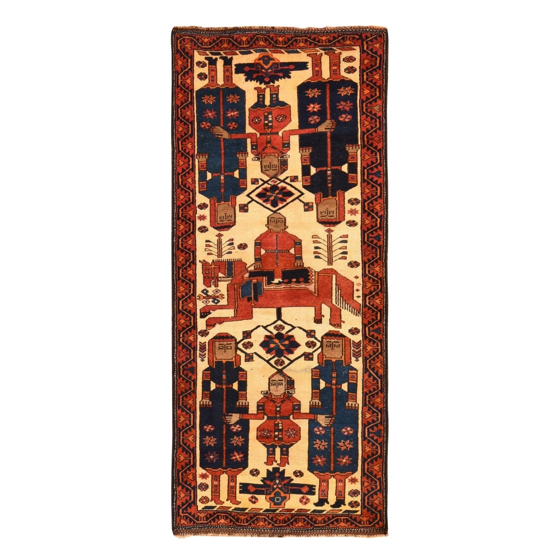 4'1"x9'7" Ivory Vintage Zoroastrian Sheeraz Hand Knotted Pure Wool Rug: 4'1"x9'7" Ivory Vintage Zoroastrian Sheeraz Hand Knotted Pure Wool Rug Hand-knotted in pure wool, this 4'1"x9'7" Ivory Zoroastrian Sheeraz rug boasts a stunning geometric pattern and a rich, ivory fie
