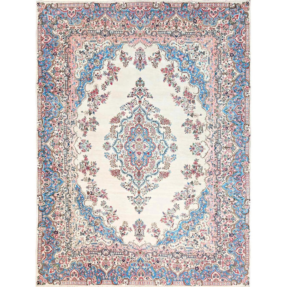 10'3"x13'2" Ivory Vintage Zoroastrian Karman 100% Wool Hand Knotted Rug: 10'3"x13'2" Ivory Vintage Zoroastrian Karman 100% Wool Hand Knotted Rug This stunning 10'3"x13'2" Ivory Vintage Zoroastrian Karman hand knotted wool rug boasts a beautiful medallion pattern, showcasin