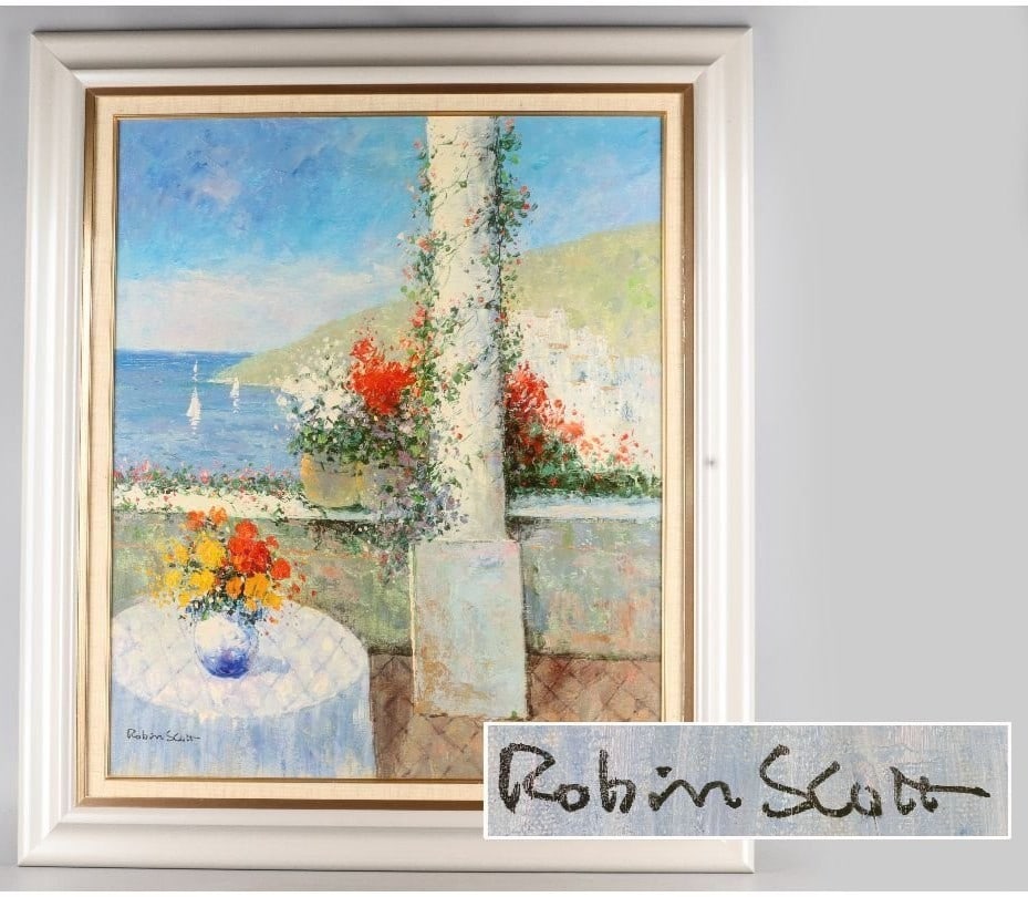 Robin Scott Original Oil Painting Mediterranean View with Flowers, Signed, 20F (1 of 10)