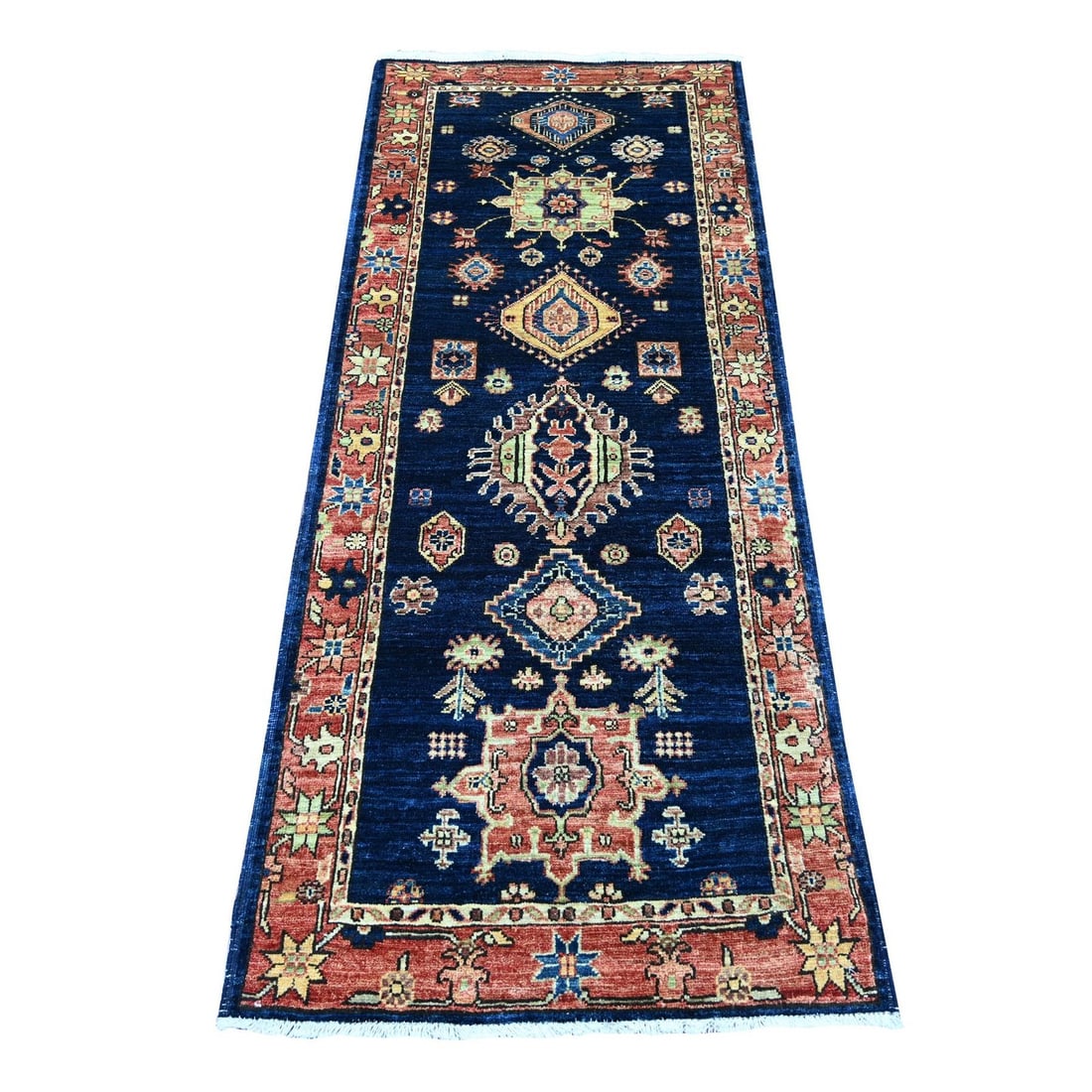 2'5"x6' Midnight Blue Karjihooz Design Soft Wool Hand Knotted Runner Rug: 2'5"x6' Midnight Blue Karjihooz Design Soft Wool Hand Knotted Runner Rug Midnight Blue Karjihooz Design Soft Wool Hand Knotted Runner Rug is a stunning example of Peshawar craftsmanship, boasting a me