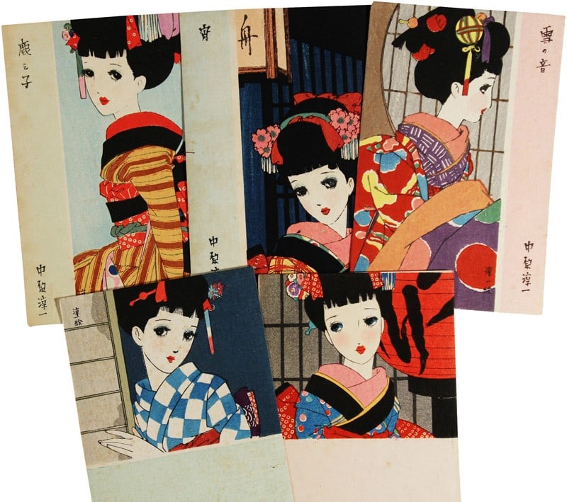 Junichi Nakahara Vintage Woodblock Print Postcards Set Showa Original 5 (1 of 1)