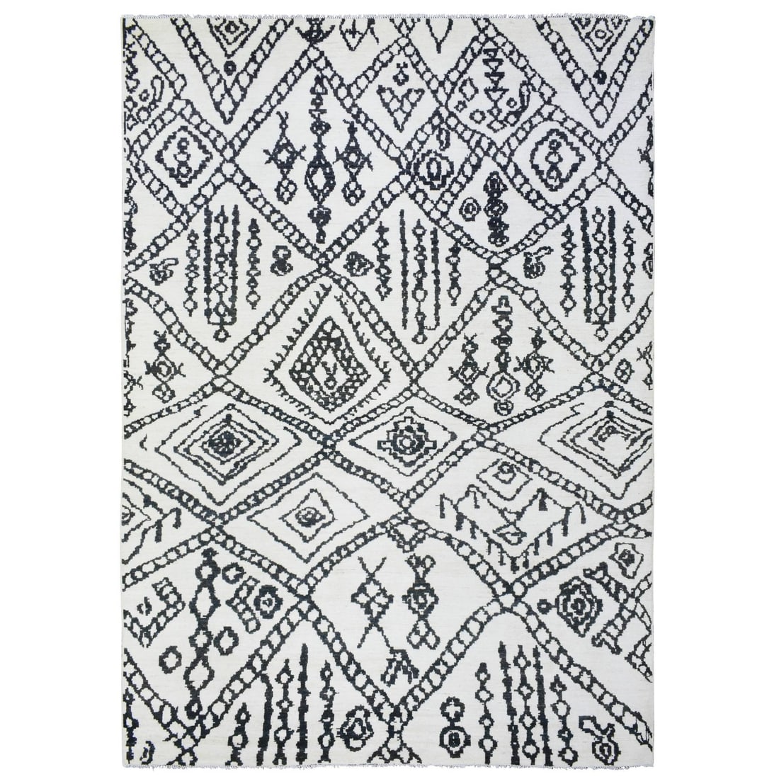 Moroccan Berber Soft Wool Ivory Hand Knotted 9'10"x13'8" Boujaad Rug: Moroccan Berber Soft Wool Ivory Hand Knotted 9'10"x13'8" Boujaad Rug Soft and serene, this Moroccan Berber Soft Wool Ivory Hand Knotted Boujaad Rug brings warmth and elegance to any indoor space. Meas